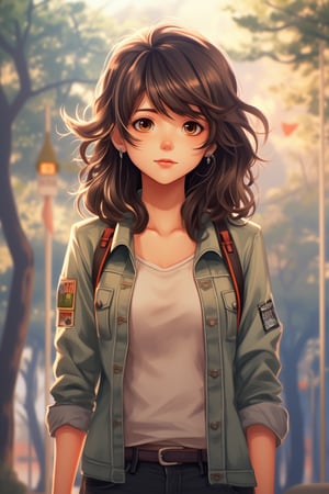 1girl, casual outfit, outdoors, looking at viewer, medium hair, close view,midjourney,anime