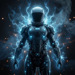 Made of, glowing plasma streams, space adventurer, with visible robotic enhancements, in high-tech space suit, Intricate details, 8k, cinematic, subsurface scattering,noc-space