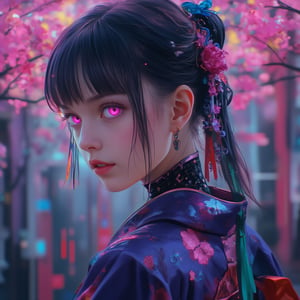 ((((futuremadness, , anime style, vivid colors, flat style, gradient, fluorecent , cyberpunk  cyborg)))), 1girl, solo, looking at viewer, smile, bangs, black hair, hair ornament, red eyes, bow, jewelry, closed mouth, upper body, flower, earrings, outdoors, japanese clothes, pink eyes, kimono, blurry, tree, lips, parted bangs, eyelashes, makeup, depth of field, blurry background, floral print, cherry blossoms, tassel, hair rings, nose,noc-futuristic