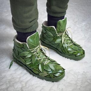 shoes made out of leaves,  a man, winter clothing, indoor