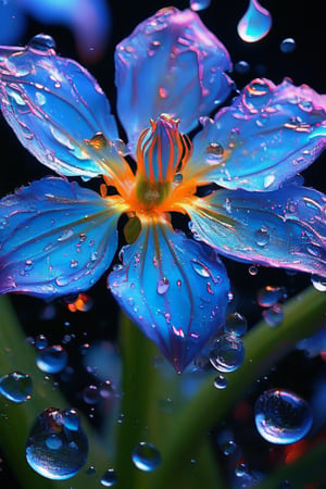 masterpiece, 8k, HDR, best quality, (highly detailed skin), photography, analog style, real life, extremely beautiful, (highly detailed, intricately detailed), (alluring eyes), depiction of a bioluminescent flower with bright, sharp, staring eyes, bluebell's petals attached to water droplets, mimics the texture seen in sculptural artwork, delicate combination of oil and marker lines on cracked epoxy glass, ultra-fine illumination, highly stylized and dramatic, (3D) image