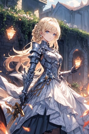 royal knight, 1girl, weapon, solo, gauntlets, floating magic orbs, holding, long hair, holding sword, armor, helmet, looking at viewer, blonde hair, skirt, closed mouth, puffy sleeves, blue eyes, breasts, braid, standing, dress, royal garden, outdoors, masterpiece, best quality, aesthetic, (clear background:1.2), game art, concept art,more detail XL, outline