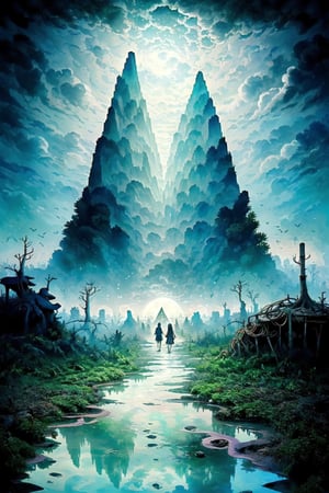 a bizarre dreamlike depiction of exploring the unknown, (1 white boy , 1 Japanese girl), dark hair, holding hands, looking at sky, exploring a dark magical fantasy forest with twisted ancient trees, ancient magical ruins, hidden creatures, walking on reflection, path toward eye in pyramid, dreamscape, bizarre hallucinations, dreampunk, ghosts in mist, incredible artwork, painting, best quality, beautiful, perfect detail, ornate, rule of thirds, creepy, strange creatures, Fae ,magic Circle, magic patterns,Leonardo Style,Movie Still,dfdd,lofi, illustration,vector art,EpicSky