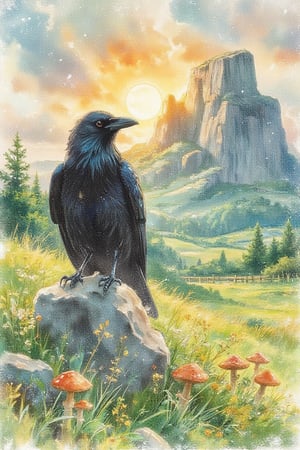 A black crow sitting on top of a stone in a beautiful green field, behind it a mighty grey mountain, the gold sun shines between the stones, the grown is filled with little flowers and mushrooms 
vintage, light particles, beautiful, ethereal, mystical, texture, whimsical, atmospheric,
Pencil drawing, painting, Watercolor painting, Hand-drawn sketch, illustration,noc-detail