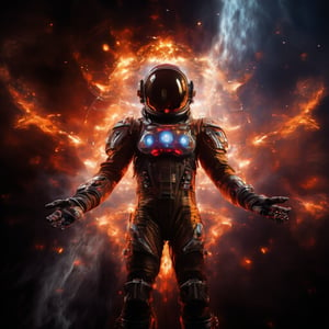 Made of, glowing plasma streams, space adventurer, with visible robotic enhancements, in high-tech space suit, Intricate details, 8k, cinematic, subsurface scattering,noc-space