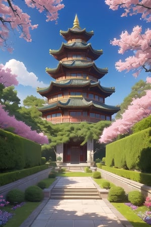 Paint a vivid picture of a four-story Asian-style castle with a tranquil garden, colorful flowers, and singing birds, highly detailed, intrincated, 16k, hyper defined, stilized. 