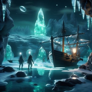 Pirate, searching for treasure on a glowing island. ice, glow many details, extreme detailed, full of details, translucent, subsurface, scattering,ice,midjourney,anime