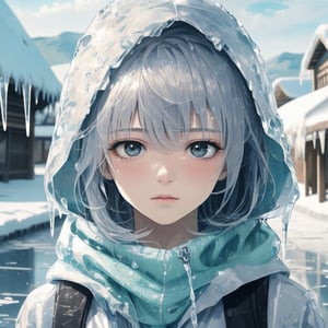 1girl, casual outfit, outdoors, looking at viewer, medium hair, close view,midjourney,anime,ice