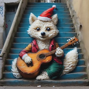 a wild styr wolf, surprisingly adorned with a festive Christmas hat, BREAK, skillfully strumming a guitar while captivating an audience on a dimly lit street. The wolf's piercing gaze, coupled with its rhythmic paw movements, creates an awe-inspiring and mesmerizing performance. ,stair-art, stair art