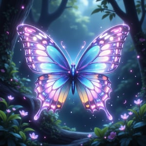 A delicate butterfly with iridescent wings, glowing with a soft, sparkling light, hovers gracefully in a serene, natural setting. The lighting is soft and ethereal, highlighting the intricate patterns and shimmering colors of the butterfly's wings. The composition is centered, with the butterfly in a gentle, floating pose, surrounded by lush greenery and soft, diffused light. The scene captures the beauty and magic of the glowing butterfly, with a focus on its delicate form and the enchanting glow.,anime,noc-detail