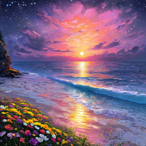 style by Yuumei,best quality,high resolution,8k aesthetic,mesmerise celestial moonlight,floral atmosphere,vibrant light-trail effect on a realistic,sunset, watercolor, beach,noc-landscape