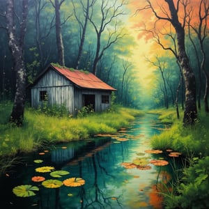 (best quality:1.4), (extremely detailed, 8k, uhd), ultra highres, (expressionist oil painting, Stephen Gammell:1.2), a beautiful scene of peaceful serenity, serendipitous echoes of random noise ripples, run down shed in a lush swamp, (vibrant lush Neeko:1.3),noc-fantasy