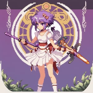 1girl, solo, short hair, dress, ribbon, holding weapon, purple hair, multicolored hair, frills, holding weapon, white dress, gradient hair, profile, magical girl, polearm, cross-laced footwear, spear, holding polearm, ankle lace-up, art nouveau, tomoe hotaru
,pixel style