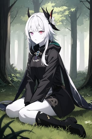 A girl with colorful eyes, heterochromatic, pale skin, long white hair with bangs, wearing a hood on her head, black leather coat, sitting on the forest floor, dim lighting linear.,genshin impact