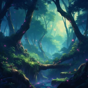 Viral anime nature wallpaper in 4K quality, in the style of digital illustration inspired by Hayao Miyazaki, featuring a serene forest with towering ancient trees, dappled sunlight filtering through the leaves, a gentle stream flowing through the scene, and mystical creatures peeking from behind the foliage; vibrant and warm color temperature, cosmos lighting with stars twinkling in the sky, no human characters, the atmosphere is tranquil and enchanting --v 5 --stylize 1000,noc-detail