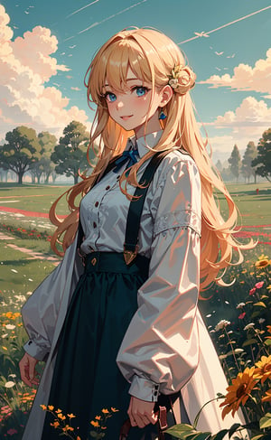 1girl, solo, long hair, blonde hair, outdoor, blue sky, grass, flowers field, folk dress, white shirt, smile, long sleeves, standing, blue eyes,  (extremely detailed, incredible details, full colored), complex details, hyper maximalist, gorgeous light and shadow, detailed decoration, detailed lines. masterpiece, best quality, HDR, UHD, high color contrast,