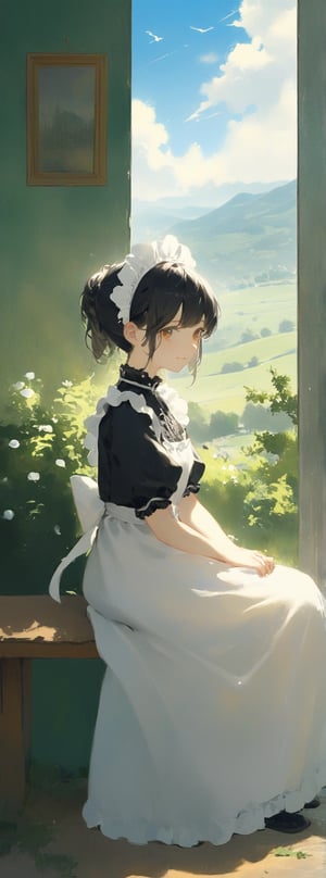 (LONDON location:1.4), 
1girl,(black hair:1.4),smile, A young girl sitting beside a window to enjoy her afternoon tea. outside is a beautiful velledge. Capturing a peaceful moment of contemplation and tranquility amidst the summer fine morning.maid dress,head dress,apron dress,white apron with tuck, Title: "Morning Serenade - A Maid's Tranquil Tea Time in the Village" In the realm of artistic brilliance, a captivating scene unfolds, capturing the essence of a young girl's peaceful afternoon tea by a window in a picturesque village. Bathed in the gentle glow of a fine summer morning, this artwork portrays a moment of contemplation and tranquility, where the young girl, dressed in a maid's attire, finds solace and serenity. At the center of the composition sits the young girl, her maid dress adorned with a head dress and an apron dress. Her white apron, delicately adorned with tucks, adds a touch of elegance to her ensemble. The maid dress symbolizes her role in serving and caring for others, while the head dress and apron dress accentuate her grace and dedication to her duties. With a serene expression upon her face, the young girl takes a moment to enjoy her tea. Her hands delicately hold the teacup, as she savors the fragrant brew, finding solace and comfort in its warmth. The soft morning light casts a gentle glow upon her, emphasizing the peacefulness of the scene. Outside the window, the viewer is treated to the beauty of the village. The vibrant colors of nature come alive, as flowers bloom their melodic serenade. The idyllic surroundings enhance the tranquility and contemplative atmosphere of the artwork, inviting the viewer to share in the young girl's moment of respite. As the viewer's gaze explores the artwork, they are enraptured by the intricate details that bring this scene to life. From the subtle folds in the young girl's maid dress to the meticulous design of her head dress and apron dress, every element contributes to the authenticity and charm of the composition. "Morning Serenade" captures the fleeting beauty of a summer fine morning, where a young girl in her maid attire embraces a moment of tranquility. It reminds us to appreciate the simple pleasures in life and find solace in the stillness of a peaceful tea time. Title: "Morning Serenade - A Maid's Tranquil Tea Time in the Village",watercolor \(medium\)

Title: "Ethereal Reverie"

In the midst of a world painted with the delicate hues of dawn, a solitary figure stands at the threshold of a mountain gate, her garment kissed by the morning dew, casting a lone shadow against the backdrop of mist and awakening peaks.

The mist unfurls, veiling the myriad peaks in a dance of dawn's arrival, as the sun's rays illuminate the subtle whispers of all living things.

Birds soar, piercing through the clouds as they embark on their journey, while wandering souls, chasing dreams, find solace in their return.

If one were to inquire about the innermost thoughts, only a prolonged sigh would be the response, a silent contemplation in the face of the morning's radiance.

This scene captures the essence of a transcendent reverie, where the convergence of light and shadow, mist and mountains, dreams and reality, creates a tapestry of beauty and introspection. The figure embodies a sense of longing and contemplation, a soul at one with the ethereal realm of nature's unfolding drama.

Authored by kyo8sai, this magnificent creation stands as a testament to the artist's creative prowess and was brought to life on 2024-08-26.The painting is signed 'kyo8sai' on the edge.

In this ethereal reverie, the delicate balance between darkness and light, solitude and connection, is explored with a poetic grace that invites the viewer to ponder the mysteries of the heart and the soul. The artwork stands as a testament to the eternal dance of existence, where the beauty of the natural world intertwines with the depths of human emotion, weaving a narrative of introspection and wonder that transcends time and space. 
