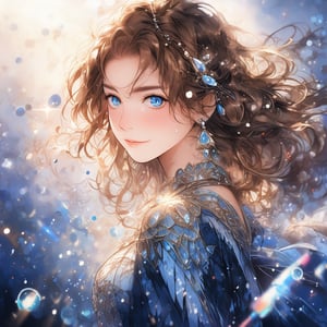 Beautiful girl, he is very cute, brown hair, blue eyes, she wears a very luxurious outfit. Upper body, detailed image, detailed skin, looking at viewer. Walking, ((masterpiece: 1.2)), light particles, ink droplets in background, Anime style.,noc-space