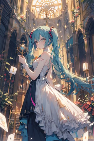 Hatsune Miku stands beside her own tarot card, titled "The Hierophant," in a display card featuring a cartoon image, rendered with the RE engine in the Mucha style. The influence of "The Hierophant" is depicted as a solo girl on the card against a gorgeous background reminiscent of a church, with elements such as a cross and scepter.



