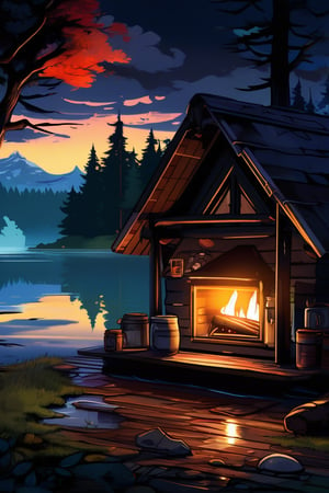 Secluded Cabin: A cozy, secluded cabin in the woods, with smoke rising from the chimney and a serene lake nearby. vignette,unique, masterpiece, 1 of 10000, most worth piece of art,midjourney,anime