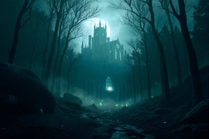 dark forest landscape, gothic horror, distant cathedral ruins, nightscape, night creatures, eerie glow,noc-fantasy