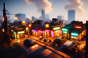 isometric scene of a cyberpunk suburb, small shops, small buildings, with neon signs, asphalted streets, cyberpunk miniparks with artificial glowing nature, cute, cozy, isometric architecture masterpiece, perfect geometrym, convidative atmosphere, cute, video game style and design, 3d scenery composition, absurdres, intricate details, beautiful sky, very cyberpunk setting, smooth, original, new, newest, best aesthetic, 4k 8k 16k 32k 64k, realistic mini city map coherent composition, different intrinsic buildings, cinestill, moviestill, cinematic lighting, very high resolution, best textures materials, strong depth o field, 3d, high poly, high quality physic-based rendering, ray-tracing, realistic shadows, god rays, fog, impressive, very videogame scenario,