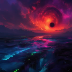 "An apocalyptic scene where the sky is dyed in dramatic colors: deep shades of red, purple and orange illuminate the horizon, mixing with shadows of black and dark gray. In the center, a sun collapsing into a black hole, surrounded by fragments of stars falling from the sky like dust. The earth below is full of cracks that emit flashes of blue and neon green light, like the last vestiges of life escaping the planet. In the distance, mountains crumbling and an ocean in apocalyptic calm, tinged with colors. dark and bright at the same time."

This approach mixes the chaos of the end with intense, vibrant colors that evoke both destruction and beauty.,midjourney,noc-futuristic,niji