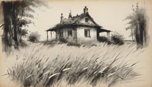 sketch, monochrome,  a scenery, field of grass and a house ,vintagepaper