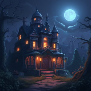 3d vibrant cartoon art Illustrate a haunted Victorian mansion on a misty night, with overgrown ivy covering the walls, flickering candles in the windows, and eerie shadows cast on the ground.,midjourney