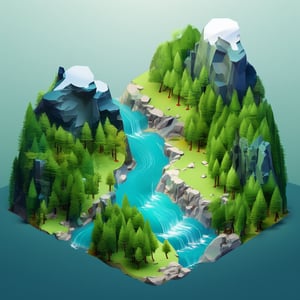 picture of river flowing in beautiful mountains clear water and green trees,isometric style