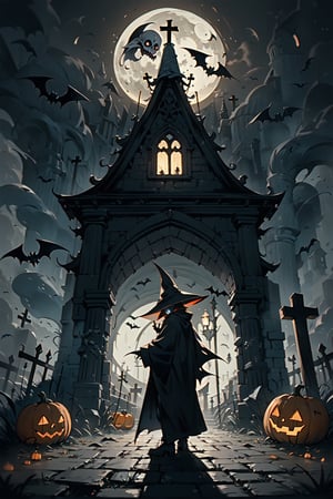 A creature that is standing in front of a church on an eerie moonlit night, the creature resembles the Grim Reaper, It radiates in the moonlight, this being was created by ProtoUserX,,halloween