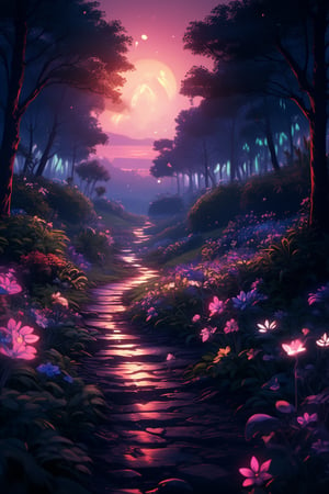 Capture the whimsical essence of a fantasy world at dusk, where the blight air is alive with cozy warmth. In a Ghibli-inspired photography style, frame a serene road winding through a lush landscape of intricately detailed, glowing bioluminescent plants. As the sun sets, aurora lights dance across the horizon, casting a kaleidoscope of colors on the ground. Glass stars scatter across the scene, adding a touch of magic to the atmosphere. The camera's gaze is angled dynamically, showcasing the textured beauty of the environment. In the foreground, a subtle depth of field highlights the delicate details of the glowing plants, as if they're radiating an otherworldly energy.,midjourney