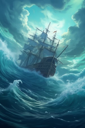 An anime or cartoon version of Poseidon lashing the seas and a large ship rocking through the waves,midjourney