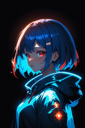 anime,(masterpiece, top quality, best quality, official art, beautiful and aesthetic:1.2), cinematic lighting, upper body, extreme detailed, studio anime, key visual, (bioluminescent details:1.1), (subsurface scattering:1.1), colorful, 1girl, solo, blue hair, multicolored hair, red hair, short hair, bangs, multicolored eyes, hood, looking at viewer, dynamic pose, dynamic angle, dynamic lighting, dungeon, bright
