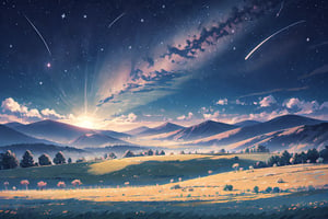 colorful, at night, mountains, sky filled with stars, galaxy, wind blowing through grassland, grassland, scenary
