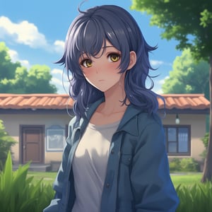 1girl, casual outfit, outdoors, looking at viewer, medium hair, close view,midjourney,anime