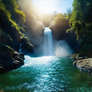 Majestic waterfall glistening under the sun, water vapor rising, vibrant nature backdrop, dynamic composition, soft sunlight illuminating the scene, serene atmosphere