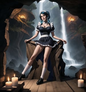 An ultra-detailed 16K masterpiece with macabre styles fused with fantastical elements, rendered in ultra-high resolution with realistic details. | A 33-year-old woman, dressed as a maid, wearing a simple blue uniform, white apron, black shoes and white socks. She has long blue hair, divided into two pigtails, and red eyes, looking at the viewer with a seductive and mysterious expression, smiling and showing her teeth. It is located in a macabre cave, with damp stone walls, stalactites and stalagmites, and a waterfall of dirty water falling to the floor. The cave has an altar made of wood and wooden architecture scattered throughout the environment. The dim light of a few candles illuminates the gloomy environment, creating dramatic shadows and highlighting the details of the scene. | The image highlights the woman's sensual figure and the cave's architectural elements. The rock and wooden structures, along with the woman, the altar, the pillars and the macabre sculptures, create a frightening and seductive environment. Thunder in the night sky illuminates the scene, creating dramatic shadows and highlighting the details of the scene. | Soft, shadowy lighting effects create a tense, desire-filled atmosphere, while rough, detailed textures on structures and costumes add realism to the image. | A sensual and terrifying scene of a woman dressed as a maid in a macabre cave, fusing elements of macabre art and fantasy. | (((The image reveals a full-body shot of the character as she assumes a sensual pose. She enticingly leans, throws herself, and supports herself against a structure within the scene in an exciting manner. While leaning back, she takes on a sensual pose, boldly throwing herself onto the structure and reclining back in an exhilarating way.))). | ((((full-body shot)))), ((perfect pose)), ((perfect fingers, better hands, perfect hands)), ((perfect legs, perfect feet)), ((huge breasts)), ((perfect design)), ((perfect composition)), ((very detailed scene, very detailed background, perfect layout, correct imperfections)), More Detail, Enhance
