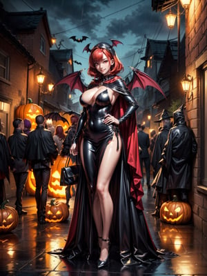 ((1woman)), ((wearing erotic vampire costume, with long cape, bat wings on head, very pale and whitish skin)), ((gigantic breasts)), ((short red hair, hair with bangs in front of the eyes)), ((staring at the viewer)), ((she near a wall, leaning, leaning, posing)), ((halloween party, multiple people with different costumes in the neighborhood, is at night, raining hard, pumpkins on the floor illuminated, lampposts illuminating, the neighborhood)), (((full body))), 16k, UHD, ((better quality, better resolution, better detail))