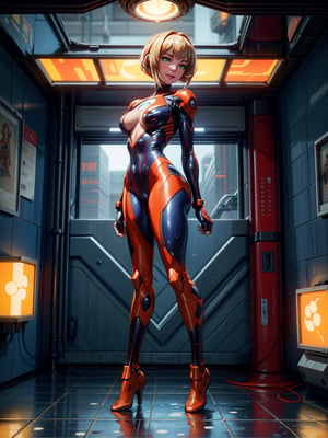 Just one woman, wearing mecha costume+Samus Aran costume+spider man costume, black with golden parts, gigantic breasts, multicolored hair, very short hair, straight hair, hair with bangs in front of the eyes, cybernetic helmet on the head, looking at the viewer, (((erotic pose interacting and leaning on something))), in a spaceship, with many machines,  robots, elevator, pipes with luminous water, window showing outer space, ((full body):1.5),16k, UHD, best possible quality, ((ultra detailed):1.2), best possible resolution, Unreal Engine 5, professional photography, perfect_hands