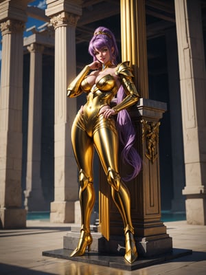 A woman, wearing gold armor+robotic suit covering her entire body, extremely large breasts, purple hair, short hair, hair with ponytail, hair with bangs covering the eye, helmet on the head, helmet on the head, (((staring at the viewer, pose interacting and leaning [on something|on an object]))), in the underwater temple of Poseidon, with many structures, altars, figurines, seabed with various structures, ((full body):1.5), 16k, UHD, best possible quality, ultra detailed, best possible resolution, Unreal Engine 5, professional photography, well-detailed fingers, well-detailed hand, perfect_hands, ((saint seiya Pegasus)) 