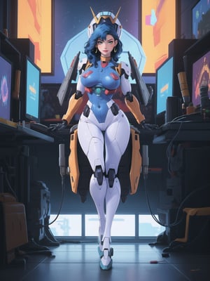 Solo woman, wearing mecha Suit+Gundam suit+cybernetic armor all white+parts in red+yellow, very tight body suit, wearing (robotic helmet with transparent color display, gigantic breasts), mohawk hair, blue hair, messy hair, ((looking directly at the viewer)), super metroid, mecha, gundam, she is in a futuristic laboratory, with many machines with living beings inside, being shown by a display, computers, table with chair streaming, video games, window showing the city at night, 16k, UHD, best possible quality, ultra detailed, best possible resolution, Unreal Engine 5, professional photography, (full body:1.5), she is doing, ((sensual pose with interaction and leaning on anything + object + on something + leaning against):1) + (perfect pose:1.2, perfect_body:1.2) + ((perfect_thighs, perfect_legs, perfect_feet)), More detail, better_hands,