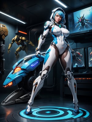 A woman, wearing mecha suit + cybernetic suit, white suit with blue parts, costume with lights attached, very bold costume, ((hood on the head)), ((gigantic breasts)), blue hair, messy hair, short hair, straight hair, hair with bangs in front of the eyes, looking at the viewer, (((pose with interaction and leaning on [something|an object]))), in a laboratory with several computers, machines, robots, luminous pipes, windows, elevators, ((full body):1.5), 16k, UHD, best possible quality, ultra detailed, best possible resolution, Unreal Engine 5, professional photography, well-detailed fingers, well-detailed hand, perfect_hands, ((mecha + super_metroid))