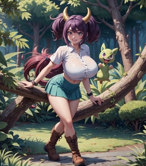 Masterpiece in HD resolution, inspired by Pokémon style and Ken Sugimori's Fakemon design. | On a rainy night in a dense forest, we find Ayane, a 22-year-old Pokémon trainer, with huge breasts, wearing a short white crop top and a pleated skirt, both clothes clinging tightly to her body. She complements the look with brown leather boots, the snug outfit enhancing her curves. Ayane has piercing ((red_eyes)), fixed on the viewer, a ((devilish_smile)) on her luscious ((blue_lips)). Her short blue hair is adorned with a large fringe that partially covers her right eye and two pigtails, all in perfect harmony with Ken Sugimori's distinctive style. | Beside her, in contrast to the darkness of the night, is her faithful ground-type Pokémon. Its brown fur is interspersed with shades of green, while large horns adorn its head, highlighting its imposing nature. Both are positioned amidst rocky and wooden structures, fallen tree trunks, mysterious altars, and ancient pillars, all illuminated by the dim light of the heavily falling rain. | The scene conveys a sense of mystery and power, where Ayane and her Pokémon prepare to face unknown challenges on this stormy night in the forest. | {The camera is positioned very close to her, revealing her entire body as she adopts an exciting pose, and then interacts by leaning on a structure in the scene in an exciting way}, | She is adopting a (((exciting_pose as interacts, boldly leaning on a structure, leaning back in an exciting way))), ((exciting_pose):1.3), ((perfect_pose)), ((perfect_pose):1.5), (((full body image))), ((well_defined_face, ultra_detailed_face, well_defined_eyes, ultra_detailed_eyes)), ((perfect_finger, perfect_hand)), better_hands, huge breasts, ((More Detail))