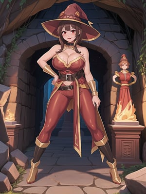 A woman, wearing sorceress costume with golden bands, all red costume, tight fitting costume, wearing witch hat, gigantic breasts, brown hair, hair with bangs in front of eyes, she is in an ancient temple in a cave, with large stone structures, altars, large figurines of ancient gods, pillars with Ancient Writings, UHD, best possible quality, ultra detailed, best possible resolution, ultra technological, futuristic, robotic, Unreal Engine 5, professional photography, she is, ((sensual pose with interaction and leaning on anything + object + on something + leaning against)), ((full body)), better_hands, More detail, ((Megumin - Konosuba))