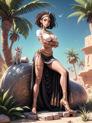 A woman, wearing Egyptian costume, white T-shirt, very short black skirt, golden jewelry, gigantic breasts, wearing appliqués in her hair, blue hair, short hair, hair with bangs in front of her eyes, hair slick, (looking at the viewer), (((sensual pose+Interacting+leaning on anything+object+leaning against))), in an oasis in the Sahara desert at night with many stones, coconut trees, bush, stone structures with Egyptian writing, 16K, UHD, unreal engine 5, ((full body)), quality max, max resolution, ultra-realistic, ultra-detailed, maximum sharpness, (perfect_hands:1.2), ((perfect_legs)), Goodhands-beta2, ((ancient Egypt, gigantic breasts, short hair)))