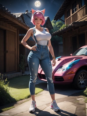 A woman, wearing blue overalls, white T-shirt, tight clothing, white sneakers, monstrously giant breasts, pink hair, short hair, hair with bangs in front of her eyes, (cat ears, with pink hair on her head), (((looking at the viewer, posing interacting and leaning [on something|on an object]))), in front of the entrance of a wooden house with many structures,  vehicles, machines, is at night, moon at top left, ((full body):1.5), 16k, UHD, best possible quality, ultra detailed, best possible resolution, Unreal Engine 5, professional photography, well-detailed fingers, well-detailed hand, perfect_hands, ((super metroid)) + ((Digimon))