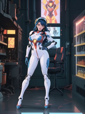 Solo woman, wearing mecha Suit+Gundam suit+cybernetic armor all white+parts in red+yellow, very tight body suit, wearing (robotic helmet with transparent color display, gigantic breasts), mohawk hair, blue hair, messy hair, ((looking directly at the viewer)), she is in a futuristic laboratory, with many machines with living beings inside, being shown by a display, computers, table with chair streaming, video games, window showing the city at night, (full body:1.5), 16k, UHD, super metroid, mecha, gundam, Unreal Engine 5, professional photography, she is doing, (((sensual pose with interaction and leaning on anything+ object+on something+leaning against))), More detail, better_hands,