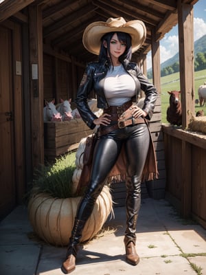 A woman, wearing a white T-shirt, black leather coat with embroidery, long brown leather pants, black leather boots, ((gigantic breasts)), blue hair, messy hair, short hair, straight hair, hair with bangs in front of the eyes, (((cowboy hat)), looking at the viewer, (((pose with interaction and leaning on [something|an object]))), in a barn with bundles of hay,  machinery, horses, pigs, chickens, is at night, ((full body):1.5), 16k, UHD, best possible quality, ultra detailed, best possible resolution, Unreal Engine 5, professional photography, well-detailed fingers, well-detailed hand, perfect_hands, ((farm animals)),JaspionQuiron character