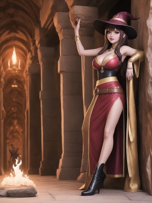 A woman, wearing sorceress costume with golden bands, all red costume, tight fitting costume, wearing witch hat, gigantic breasts, brown hair, hair with bangs in front of eyes, she is in an ancient temple in a cave, with large stone structures, altars, large figurines of ancient gods, pillars with Ancient Writings, UHD, best possible quality, ultra detailed, best possible resolution, ultra technological, futuristic, robotic, Unreal Engine 5, professional photography, she is, ((sensual pose with interaction and leaning on anything + object + on something + leaning against)), ((full body)), better_hands, More detail, ((Megumin - Konosuba))